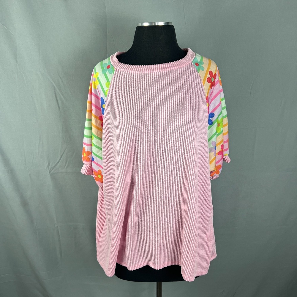 Lovely Melody Top Womens XL Pink Stretch Floral Print Waffle Knit Raglan Sleeve